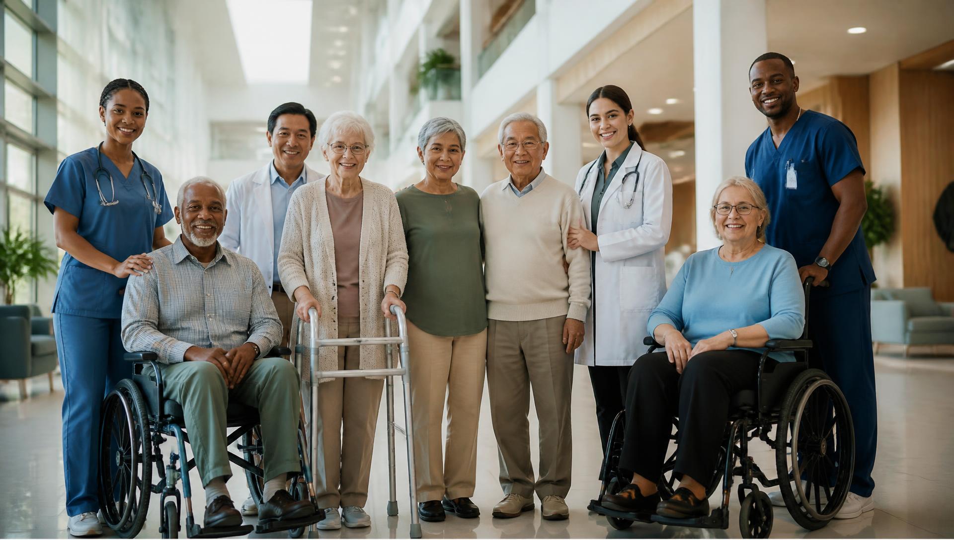 A diverse group of health plan members standing together with care staff