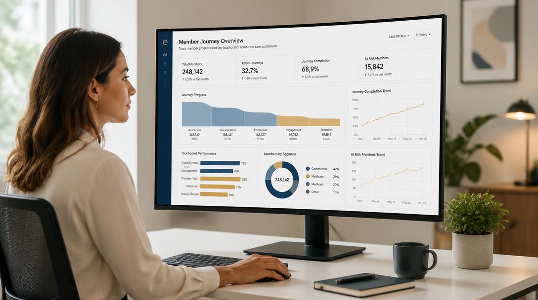 Health plan analyst reviewing a member journey dashboard on a curved monitor